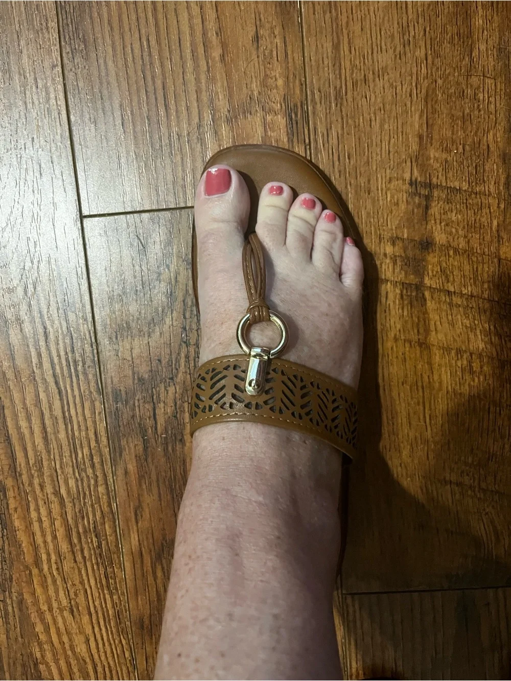 Women's Tan Laser-Cut Thong Sandals with Gold Accent